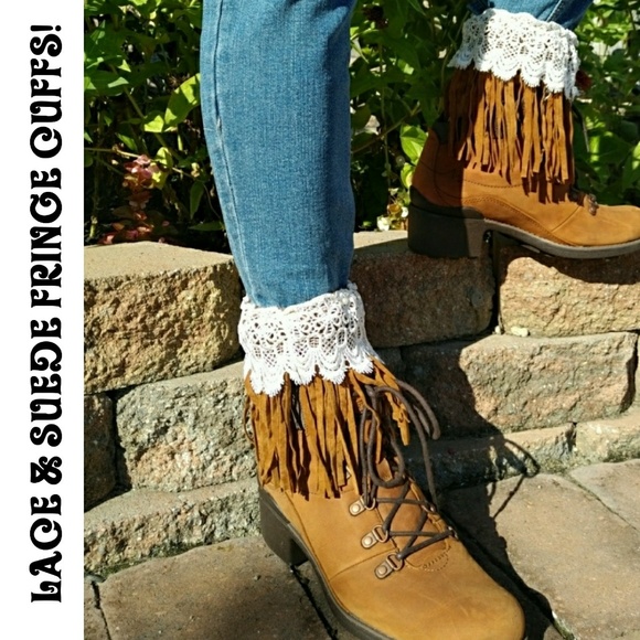 Lace & Suede Fringe Cuffs With Pearl Detailing - Picture 5 of 5